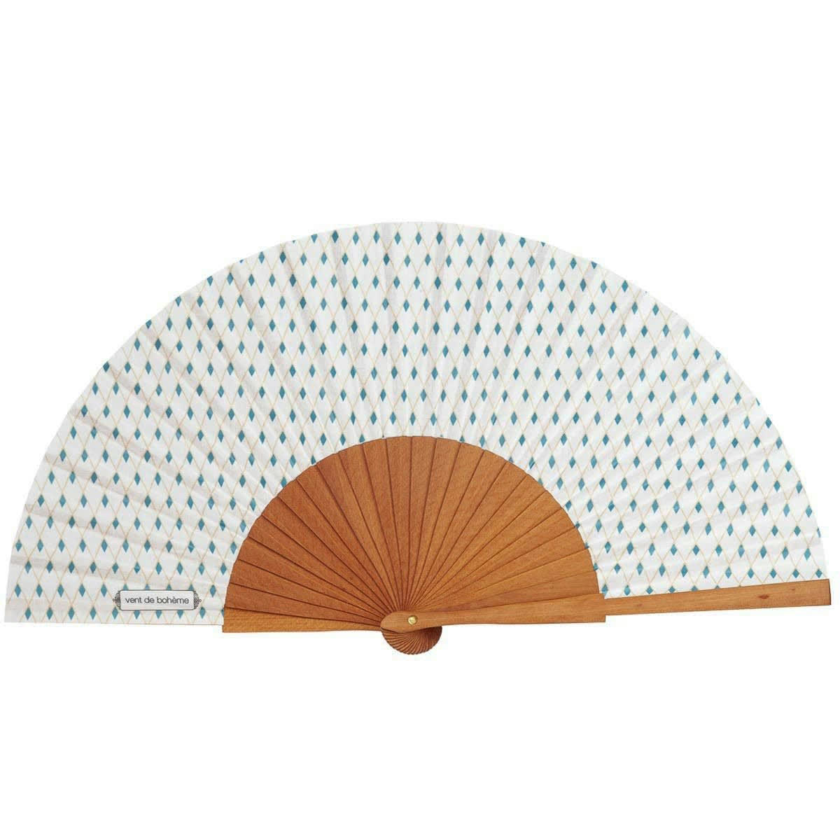 YOKO - Éventail en bois de merisier et coton motif graphique blanc