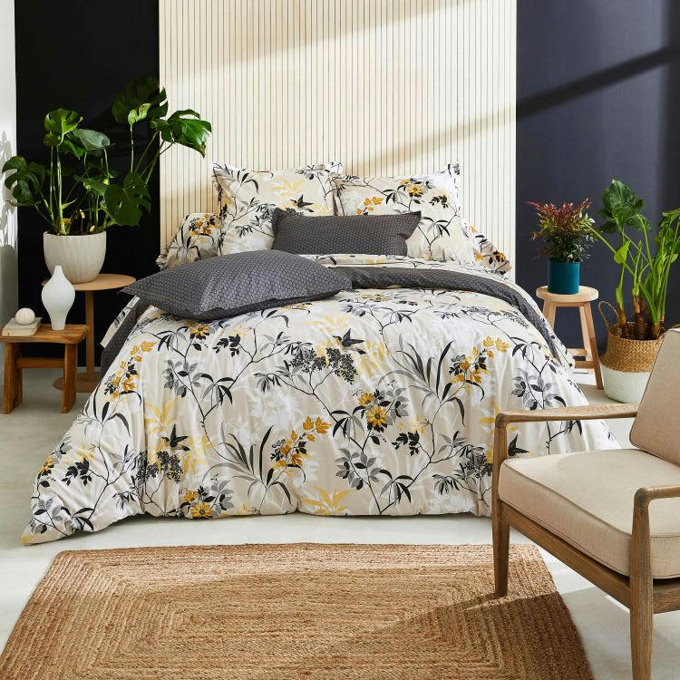 ASIA - Housse de couette beige imprimée feuilles coton beige 200x200