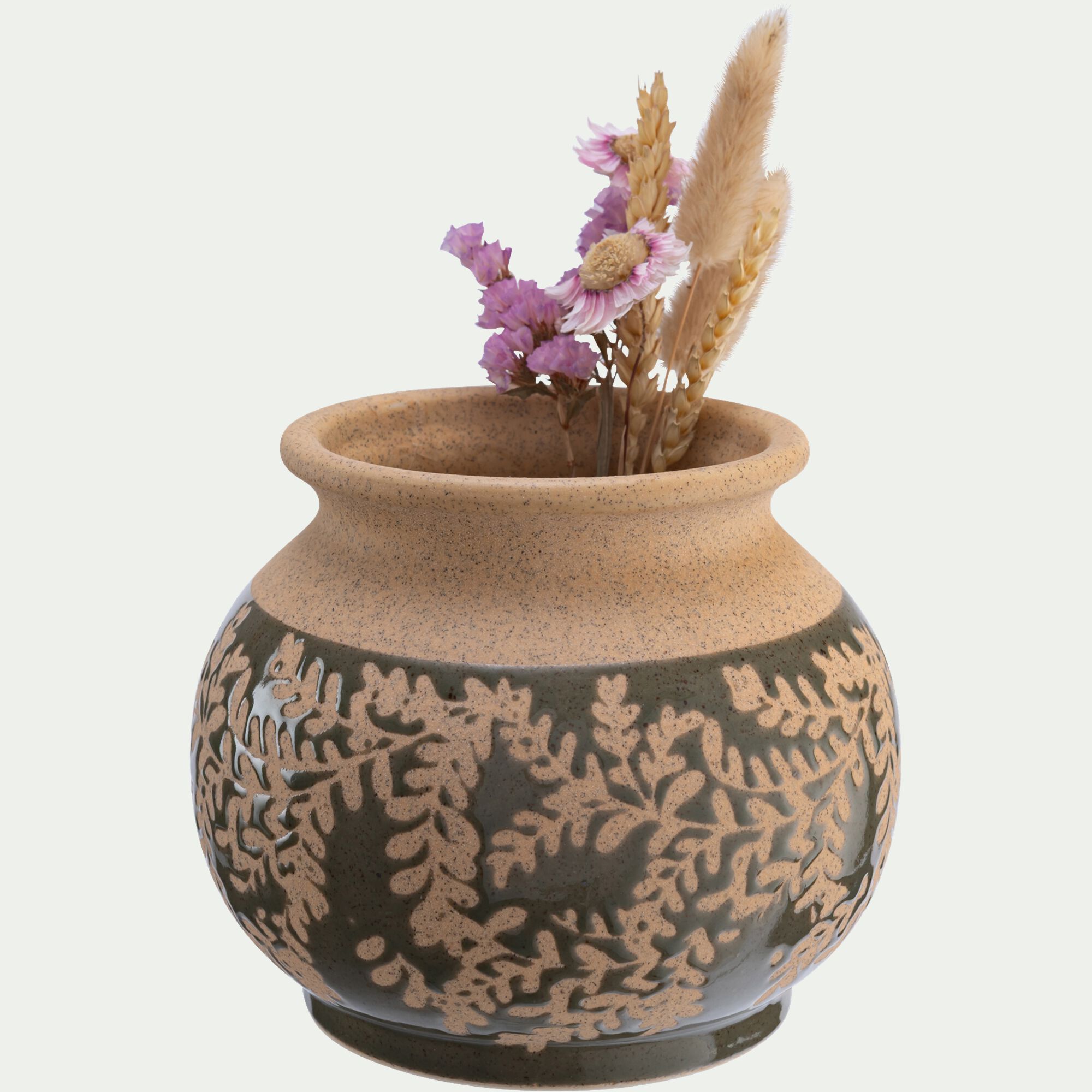 BAGARD - Vase boule en grès motif végétal H12,6cm - beige