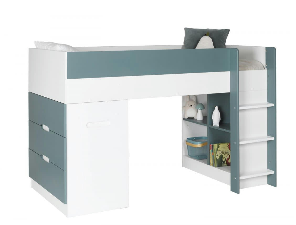 MANLY - Lit mi-hauteur avec bureau et commode 90x190 Blanc Et Vert