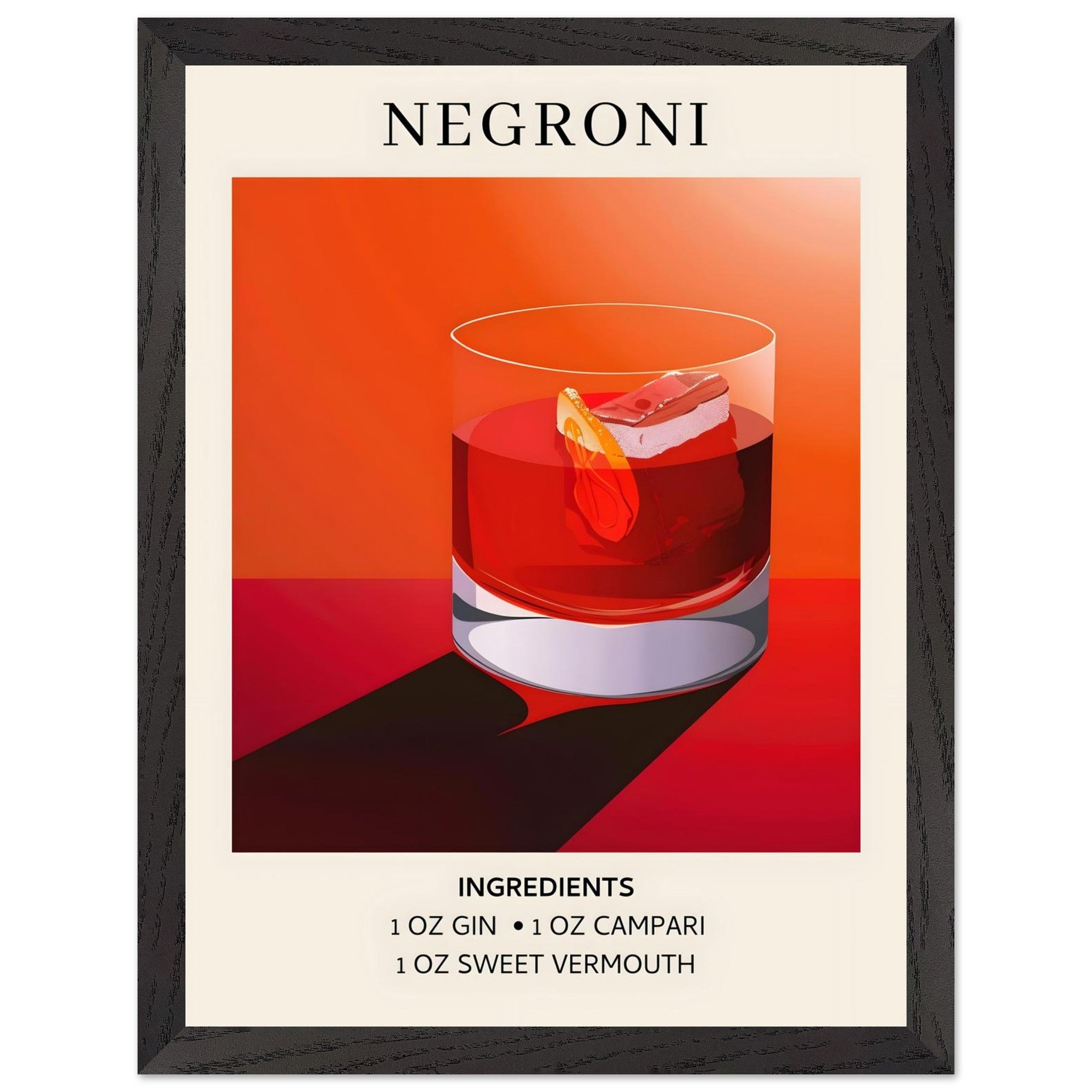 Artfulprints Poster met Lijst Negroni cocktail - Ingrediënten  - 30x40 cm - Rood