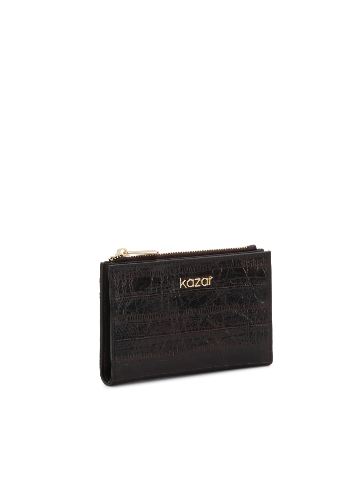 Brown embossed leather wallet with coin compartment