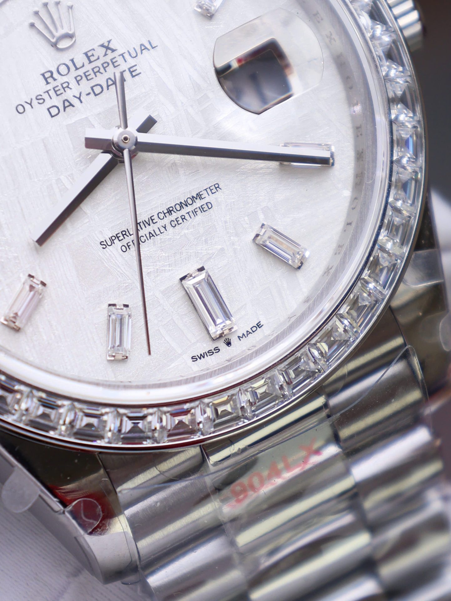 Rolex Day-Date 904L Steel Meteorite Dial Baguette Diamond 40mm Super Clone