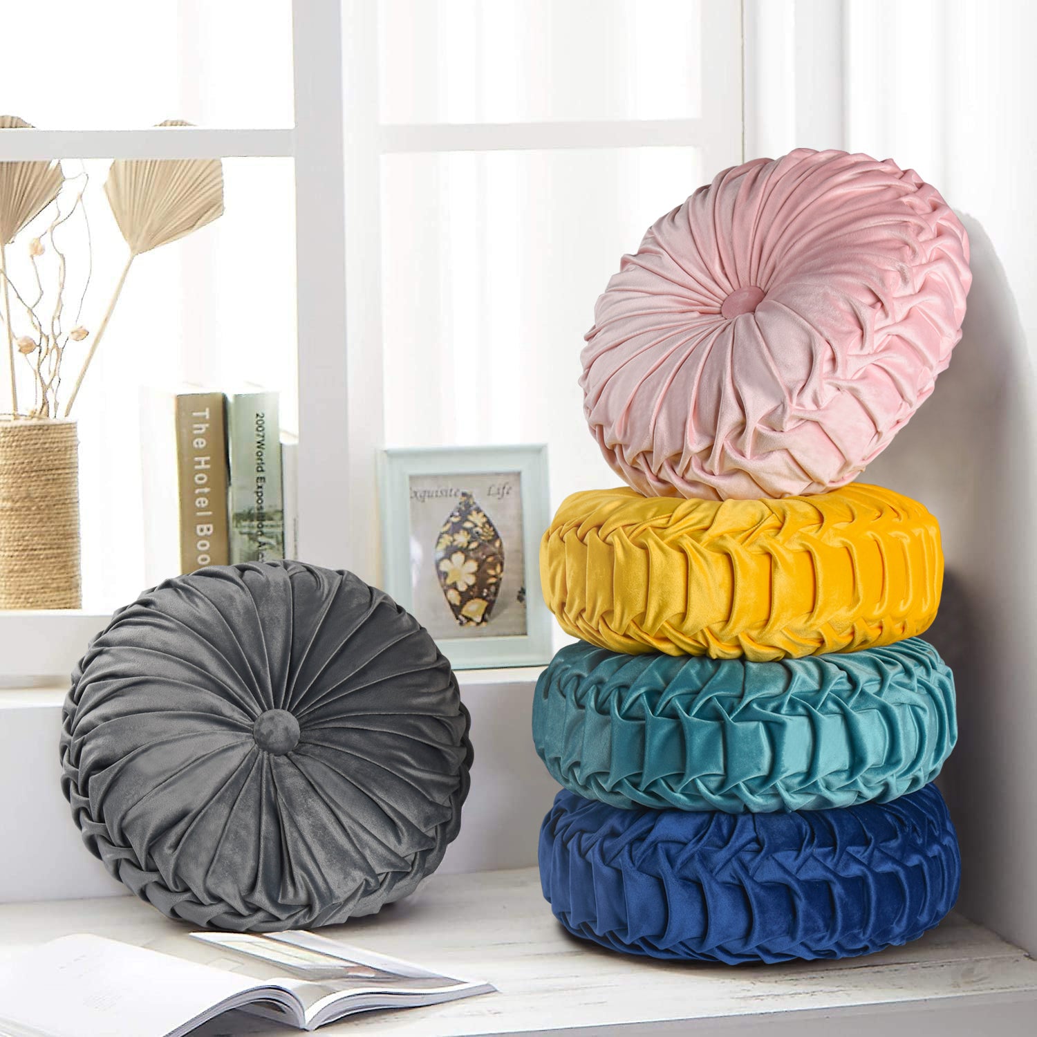 Set of 2 Decorative Velvet Round Pleated Throw Pillows,14.5