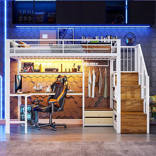 Lit mezzanine 90x200 cm en fer - 2 tiroirs - Tringle à vêtements - éclairage LED - Bureau - Blanc (matelas non inclus)