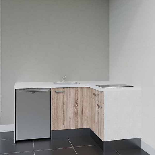 Kitchenette KA01 façades Bois - Plan de travail Blanc - Crédences : Non - Evier inox - Electroménager Inox inclus