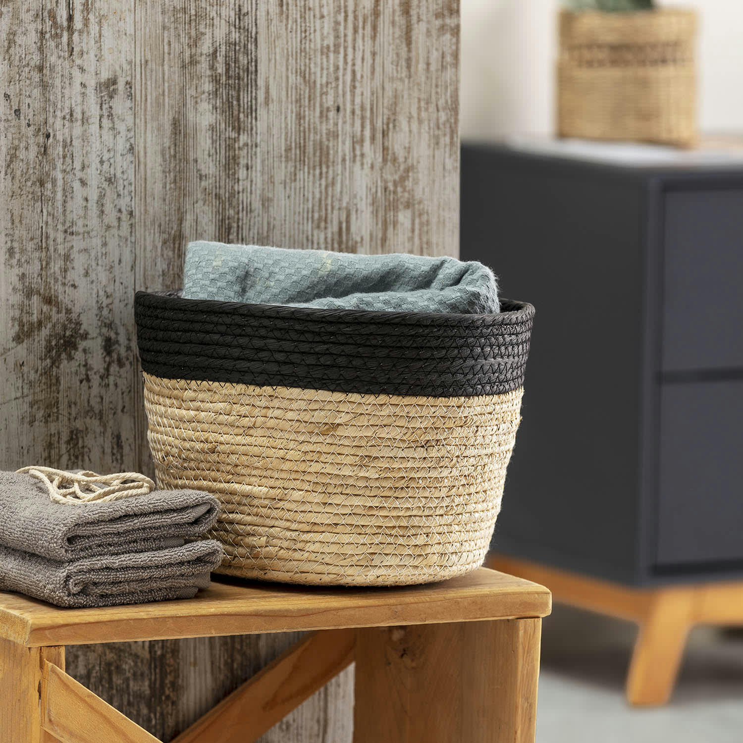 NATI - Set de 3 paniers fibre naturelle et papier, noir/beige