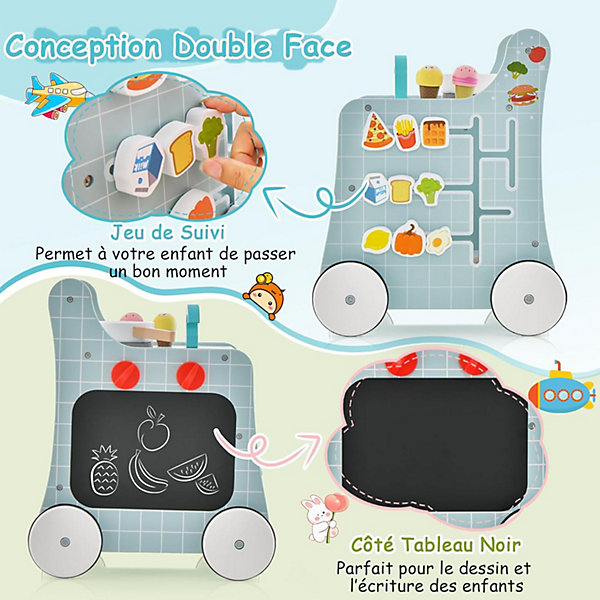Chariot de Marche Bebe, 6 en 1 Trotteur Bois Centre d'Activités avec Jouet de Cuisine, Curseur Mobile, Vert