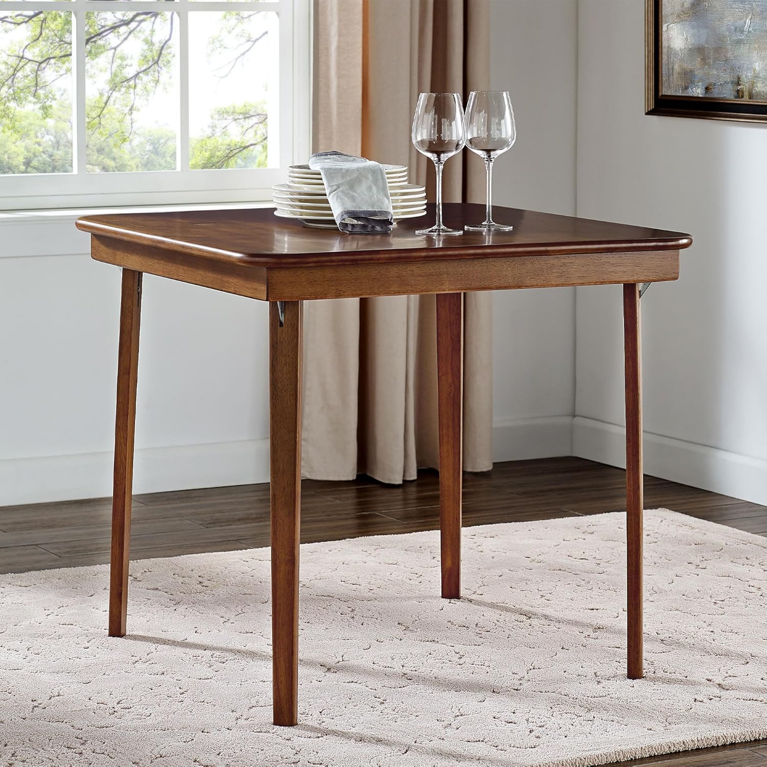 MECO Stakmore Classic Straight Edge Square Wood Folding Card Table, 32 x 32, Fruitwood - Foldable Wooden Tabletop Furniture for Cards, Board Games, Dining, and Extra Seating