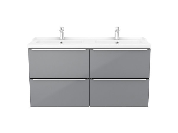 Meuble vasque suspendu gris brillant l.120 cm Imandra   plan double vasque blanc céramique Nira, GoodHome