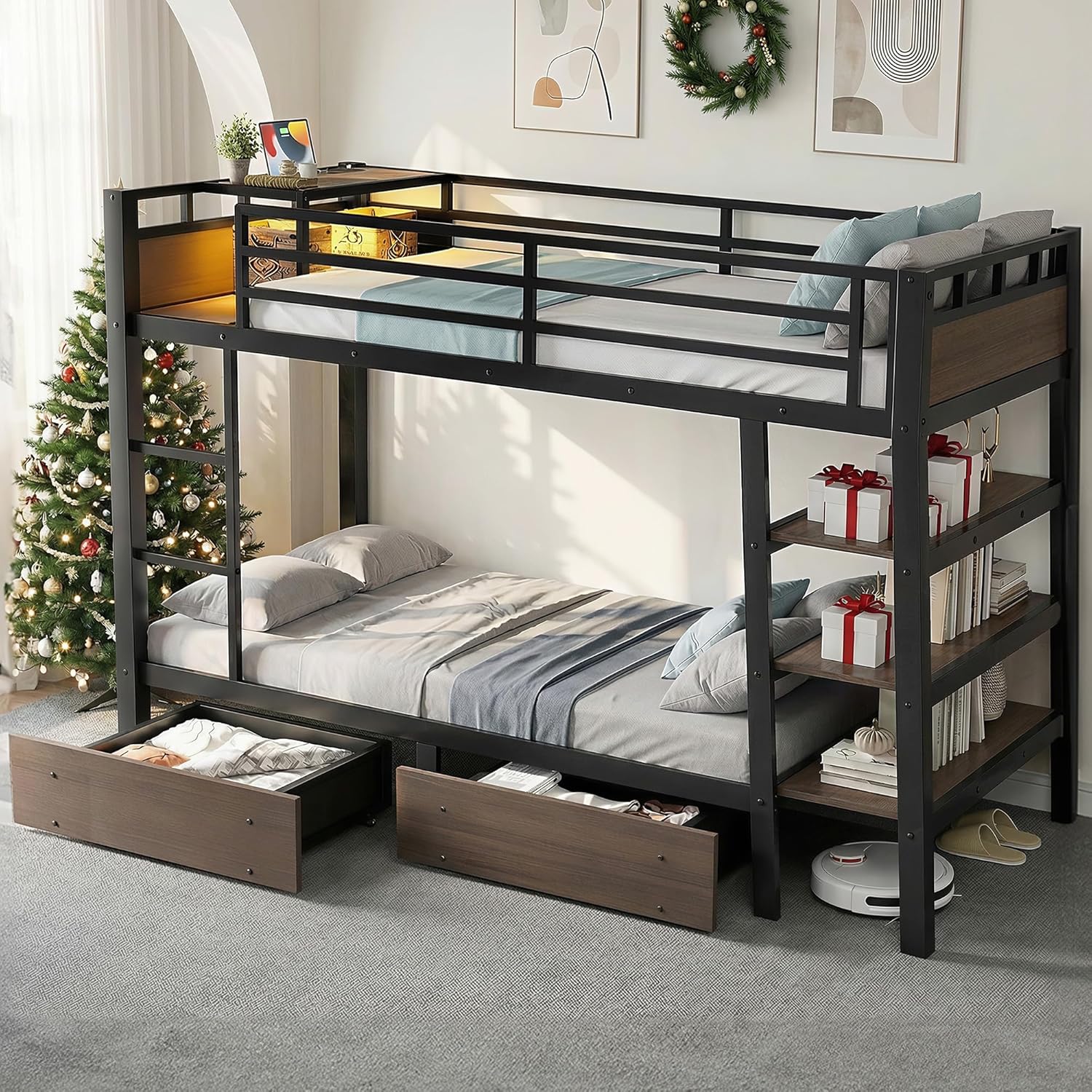 Bunk Bed Twin Over Twin with Stairs, LED Lights, 2 Storage Drawers, USB Charging, Industrial Bunk Beds Heavy Duty Metal Bed Frame with Safety Guardrail, Space Saving, Sturdy Frame for Teen/Adult