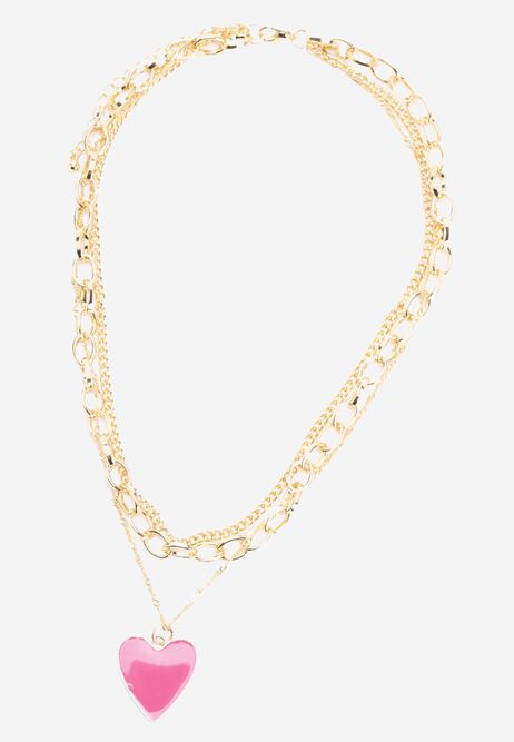 Womens Gold Triple Chain Heart Pendent Necklace