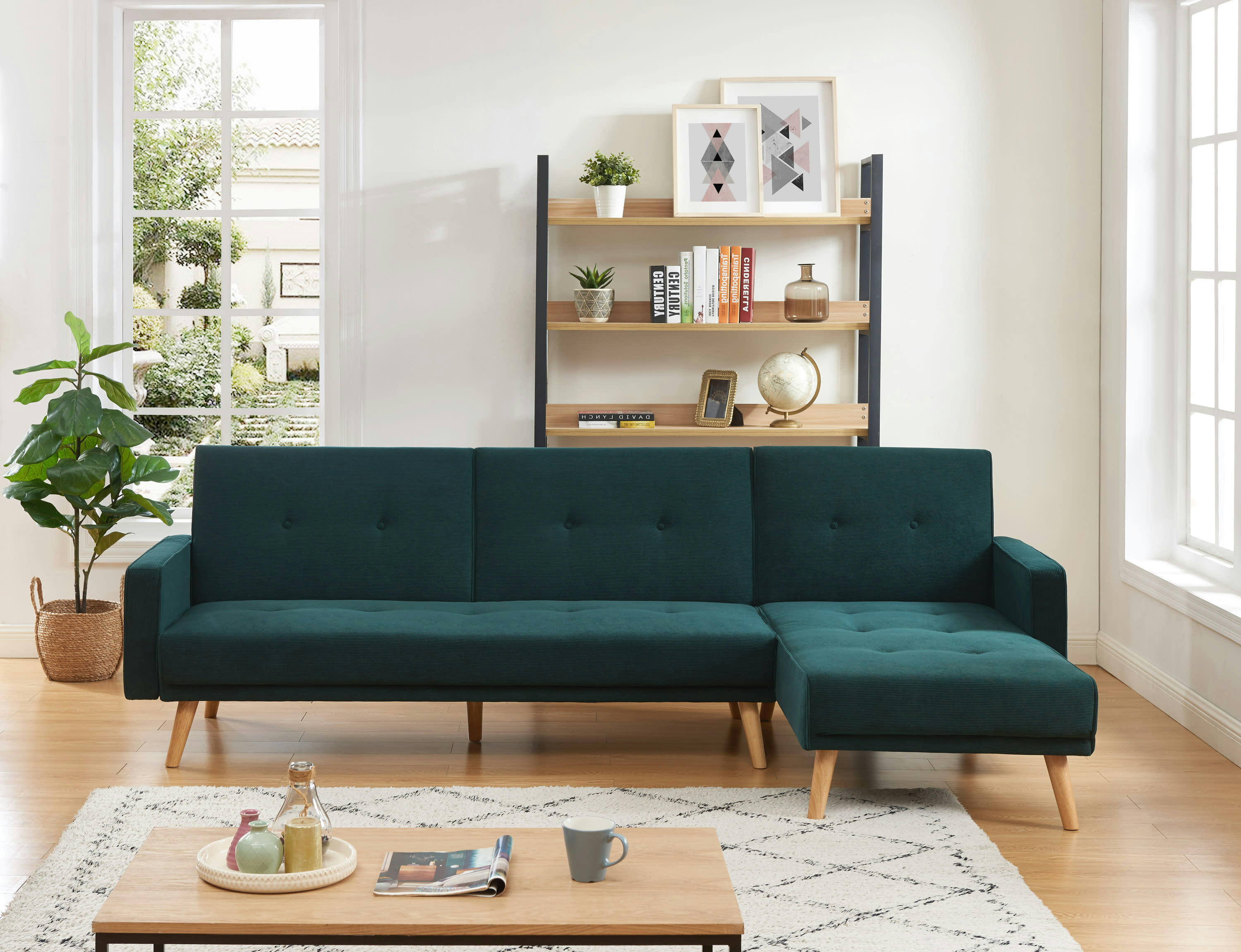 LUXI - Canapé d'angle convertible en velours côtelé 4 places vert