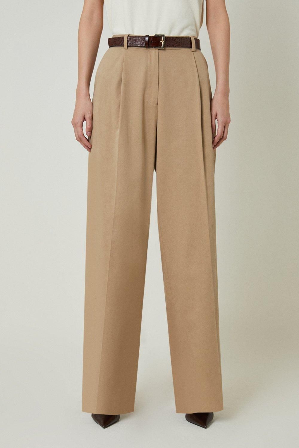KarenMillen Tencel Cotton Pleated Wide Leg Tailored Trousers