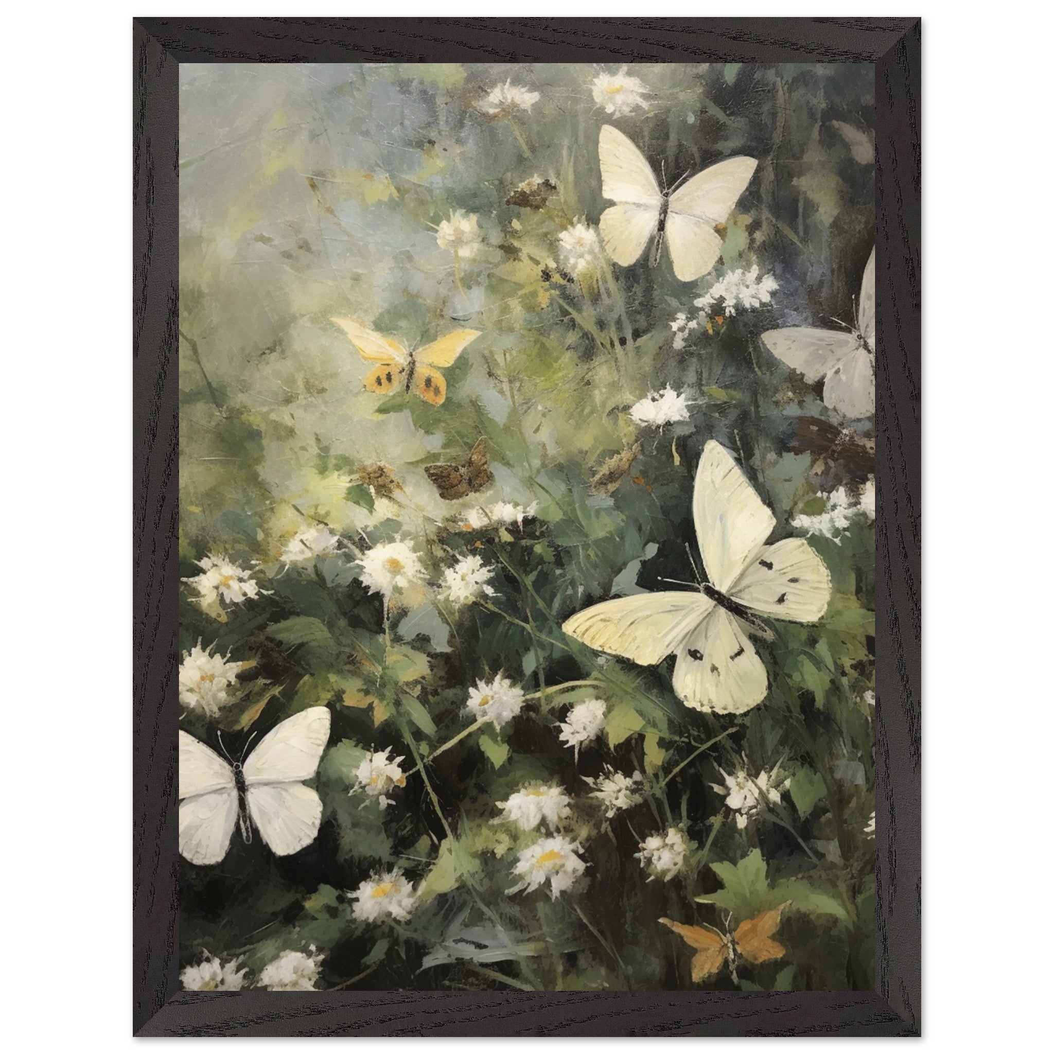 Artfulprints Poster met Lijst Butterflies in flowerfield  - 30x40 cm - Donkergroen