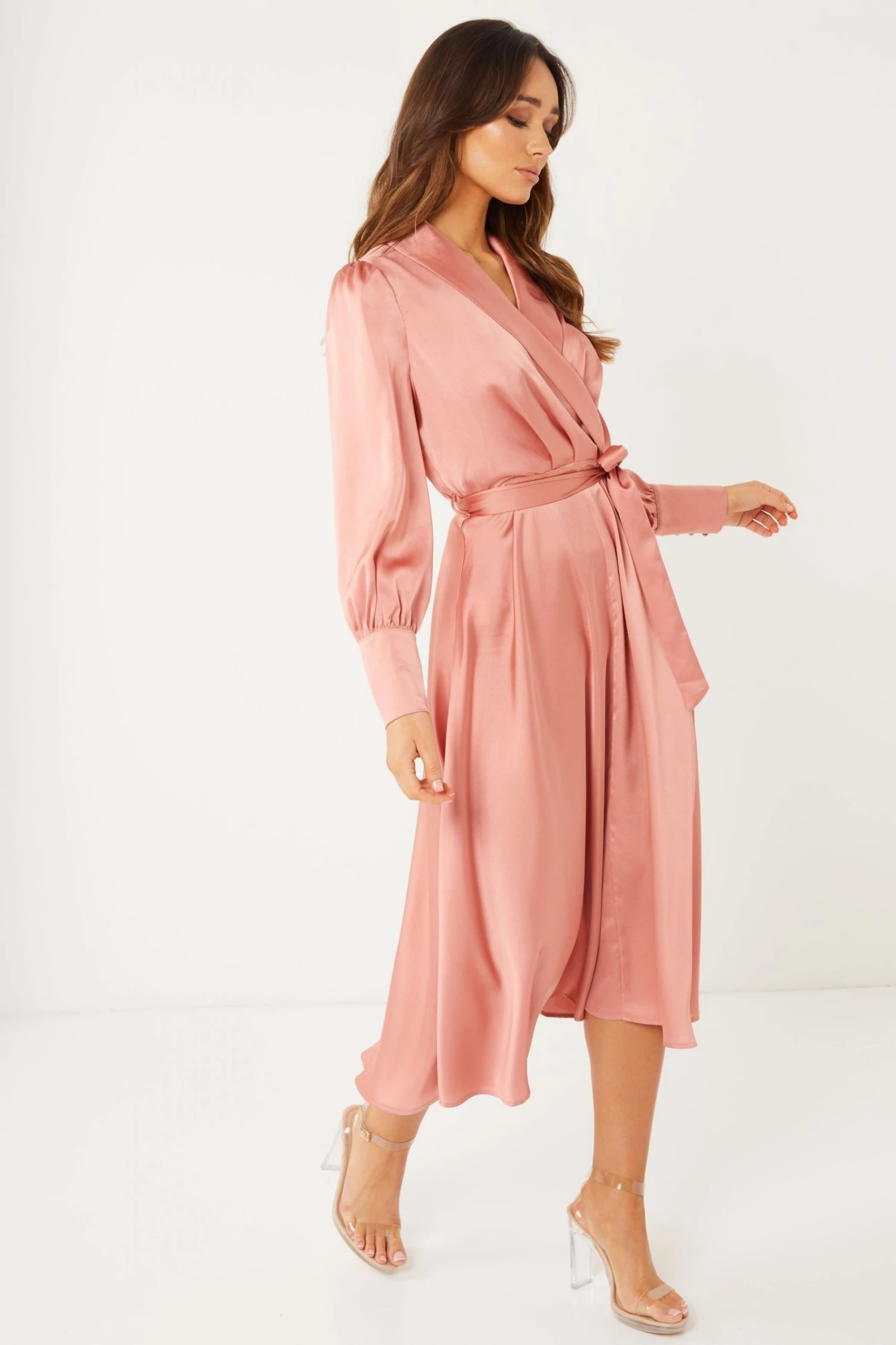 Quiz Peach Satin Wrap Midi Dress