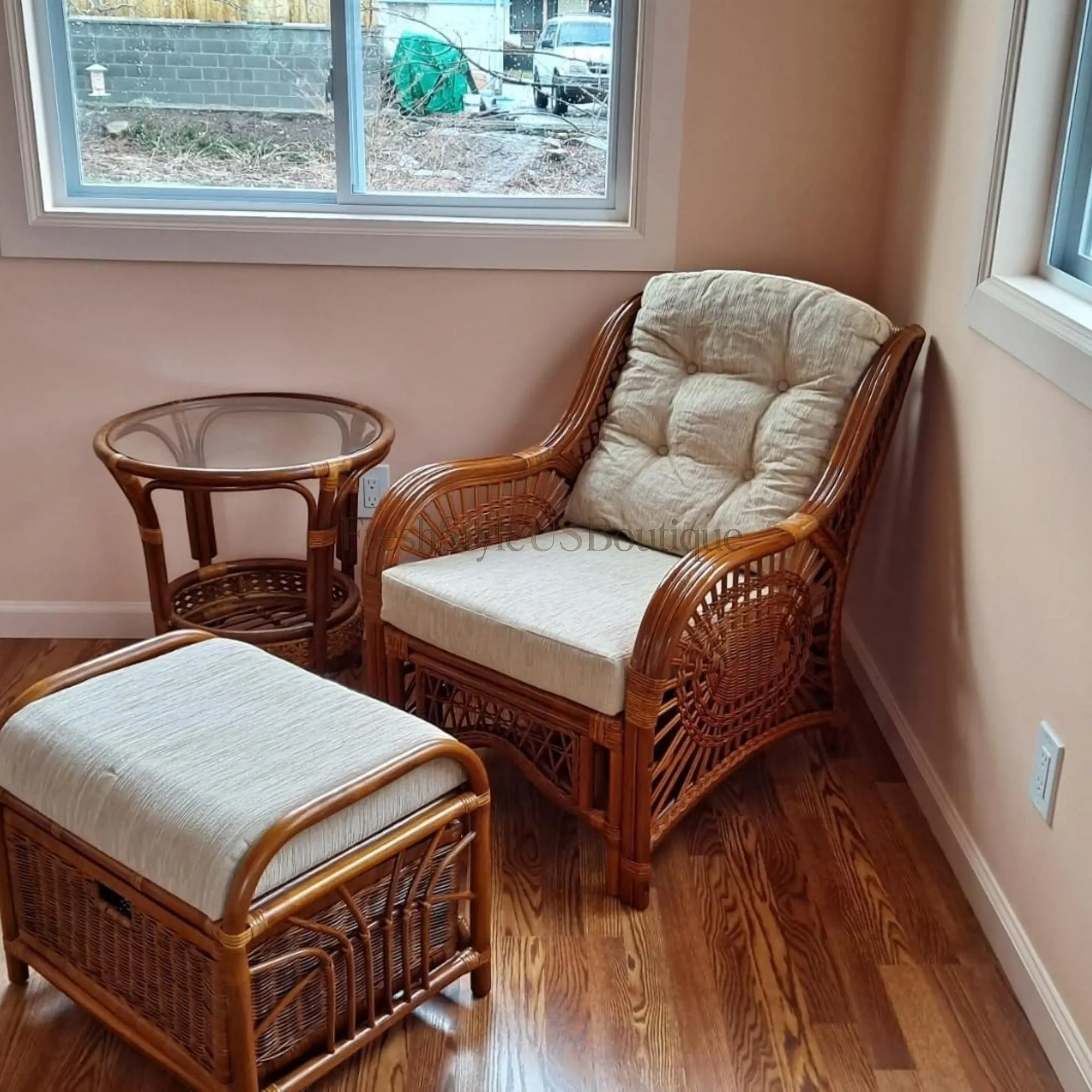 Rattan Accent Chair | Handmade Wicker Armchair | Colonial Lounge Seating with Cream Cushion