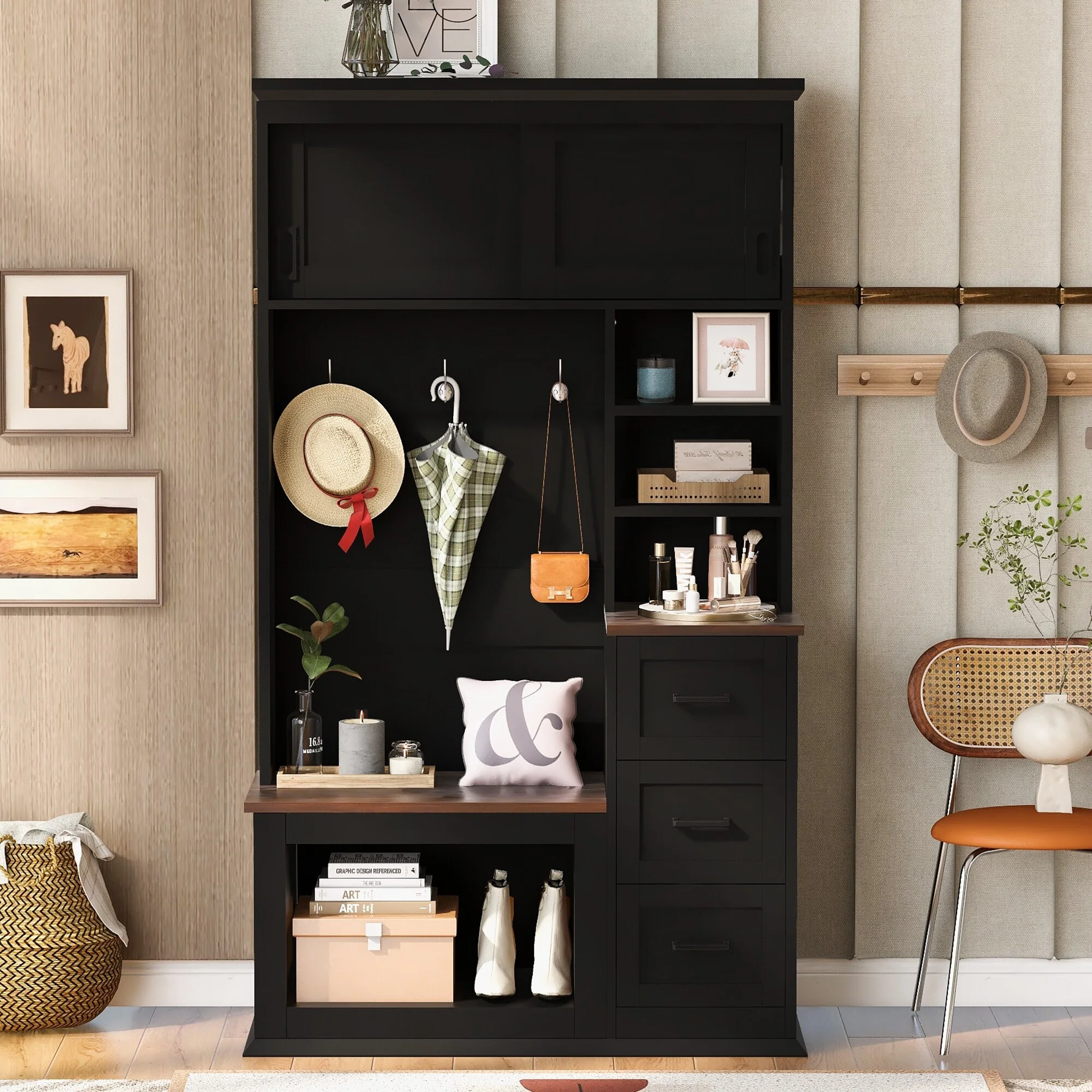 Modern Entryway Bench with Coat Rack, 3 Shelves and Drawers, 40.2'' Wide Hall Tree with Storage Bench for Hallway