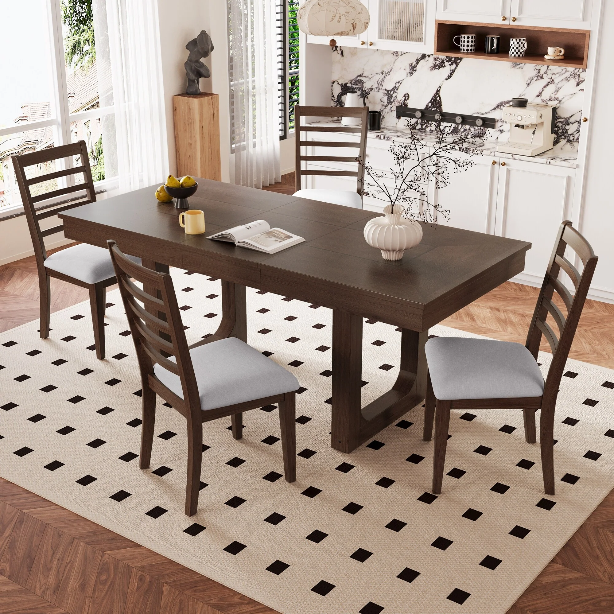 5 Piece Extendable Dining Table Set Rectangular Dining Table Set w18 Move Leaf & 4 Chairs Upholstered Dining Chairs Set