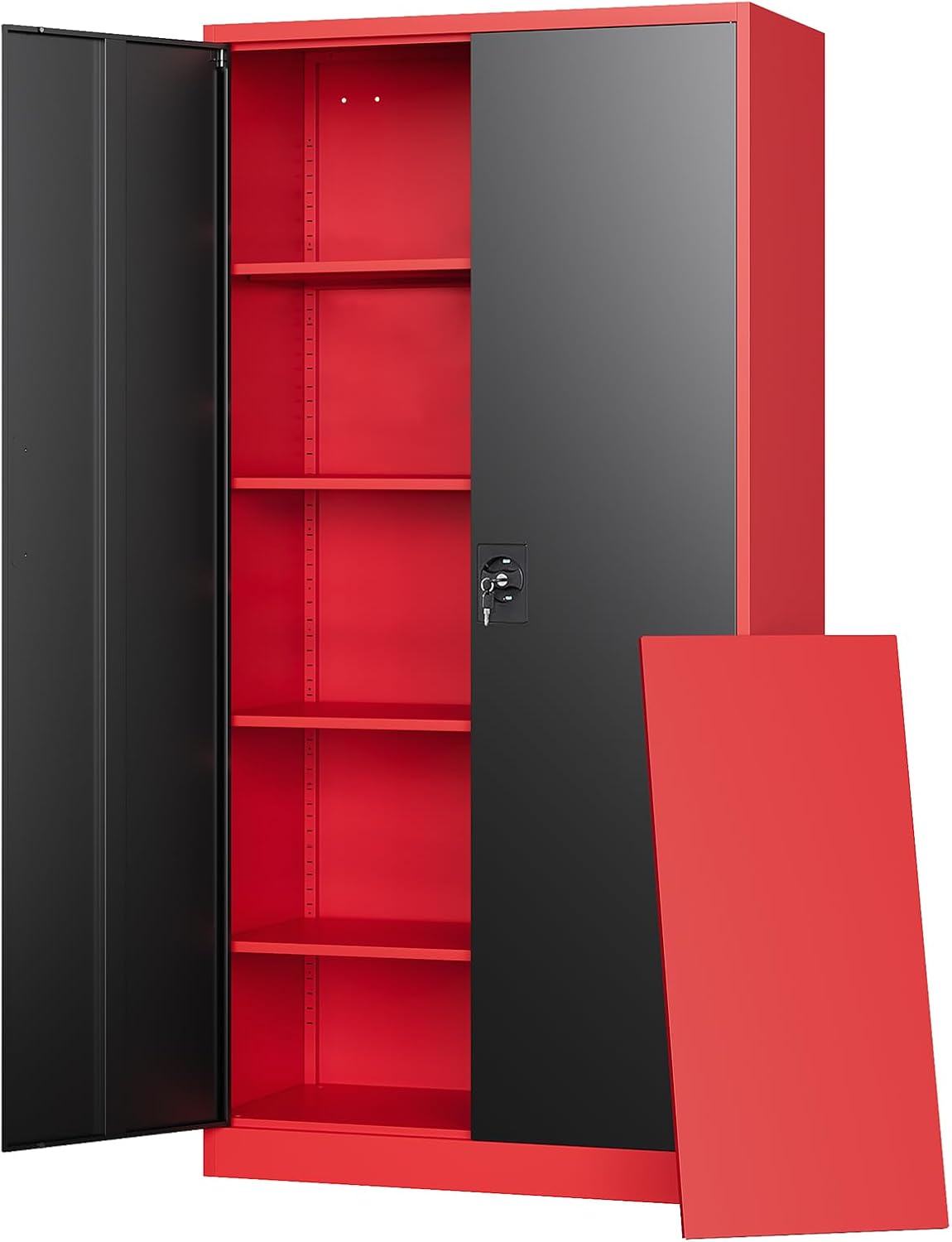 Letaya Metal Storage Cabinets with Lock, 72 Tall Locker Organizer Steel Cabinets, Adjustable Layers Shelves 2 Doors for Home, Office, Warehouse,Garage(Black Red)