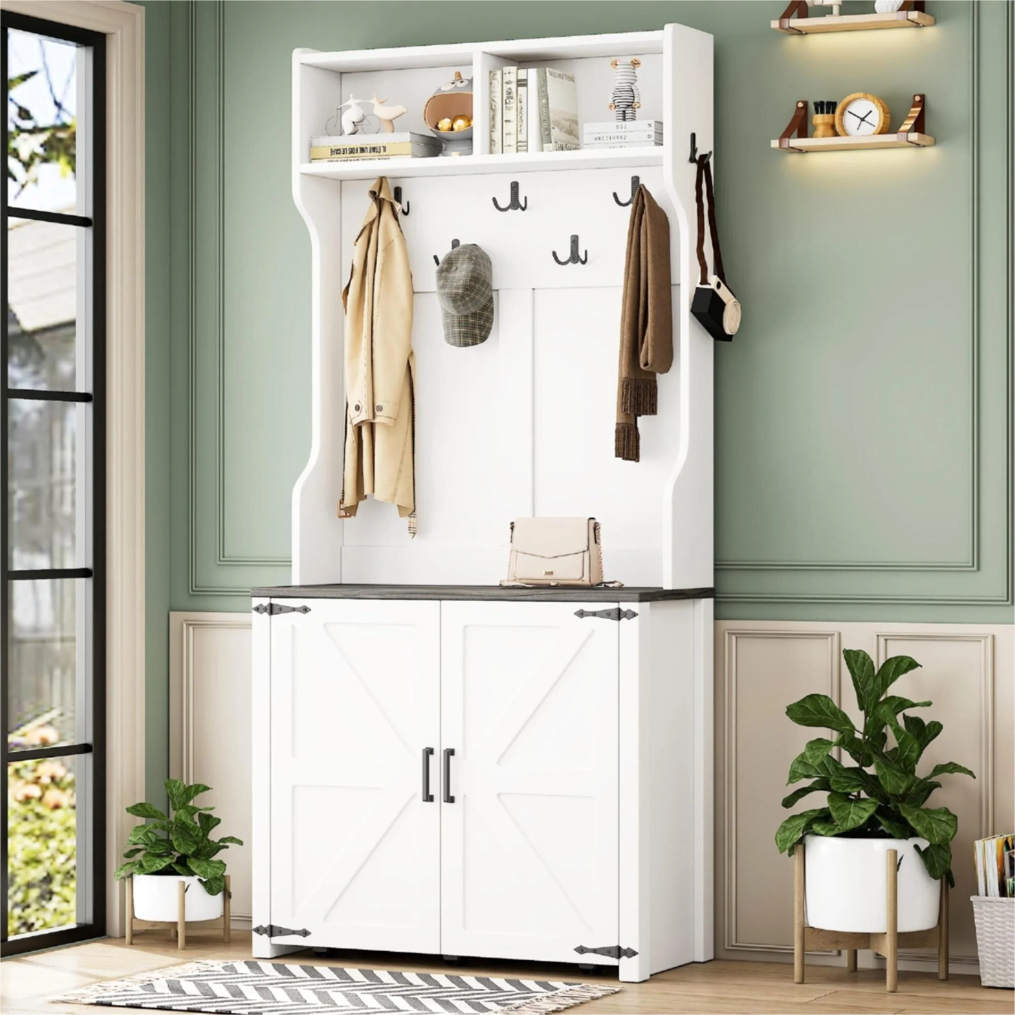 Barn Doors Hall Tree with Movable Bench, Entryway Bench with 7 Hooks and Shoe Cabinet, 76.9H Rolling Coat Rack Coat Rack