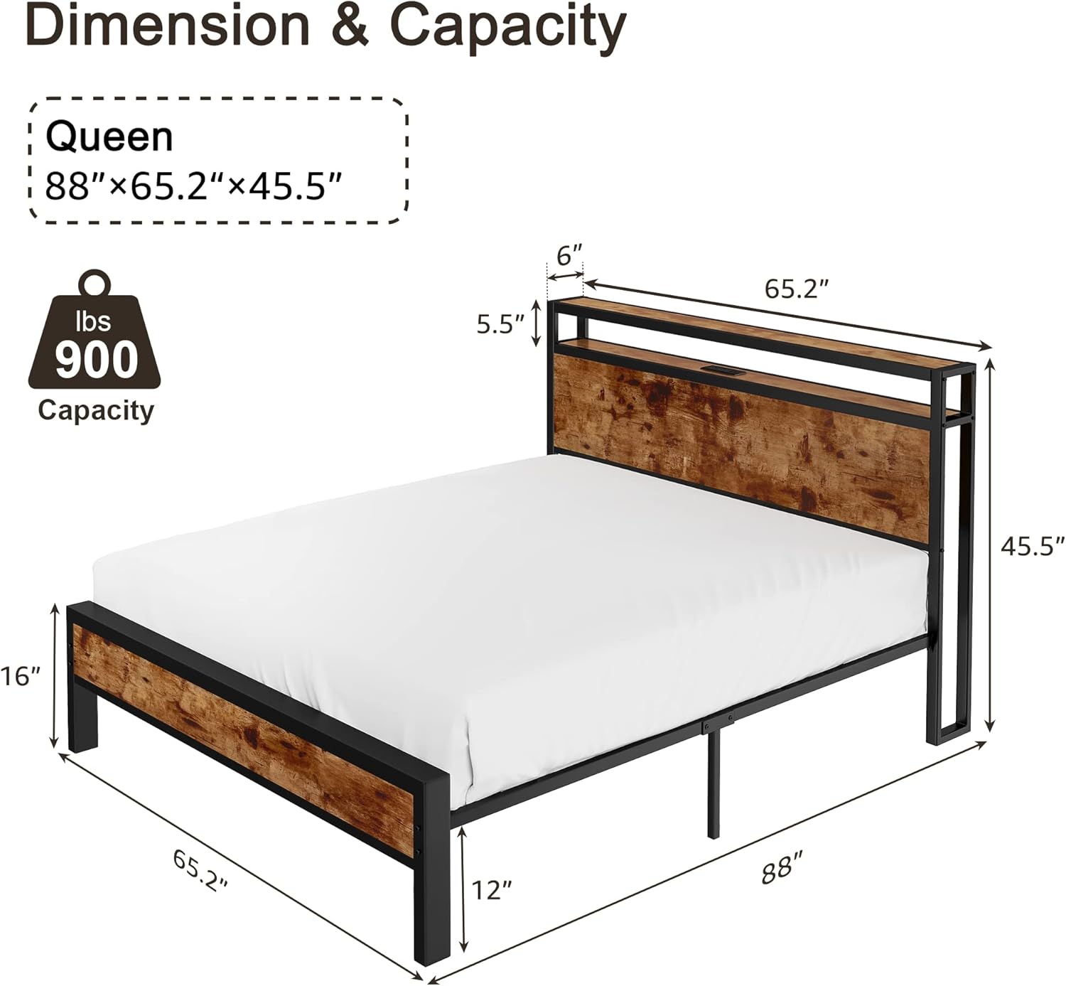 Queen Size Bed Frame, Platform Bed Frame with 2-Tier Storage Headboard and Charging Station/No Box Spring Needed/Noise Free/Industrial/Rustic Brown