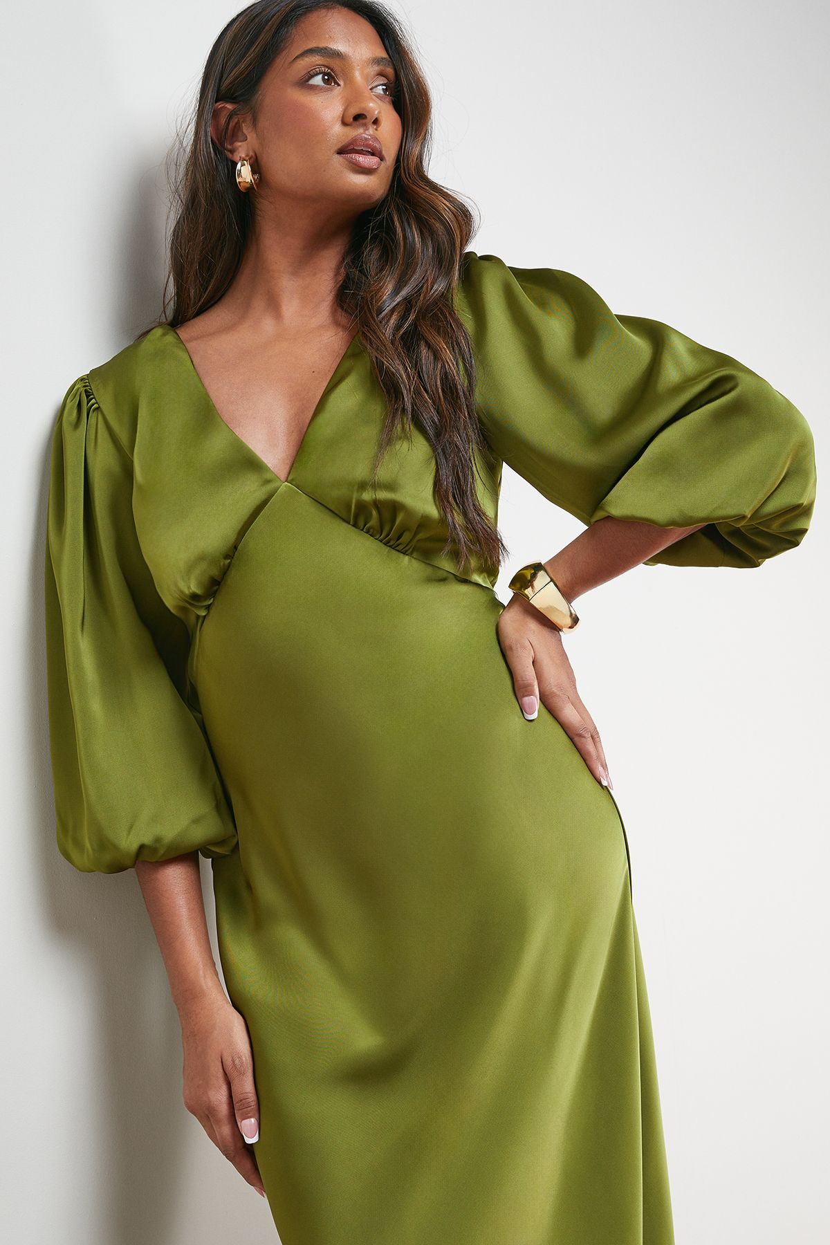 Oasis Satin V Neck Balloon Sleeve Bias Midi Dress