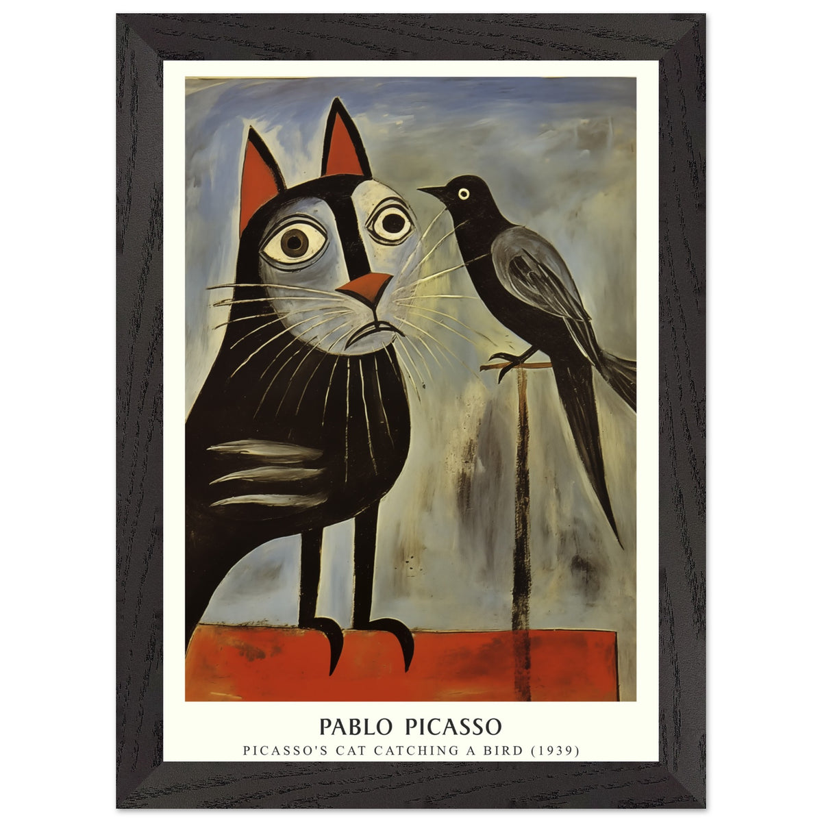 Artfulprints Poster met Lijst Pablo Picasso - Picasso's cat catching a bird  - A4 21x29.7 cm - Grijs