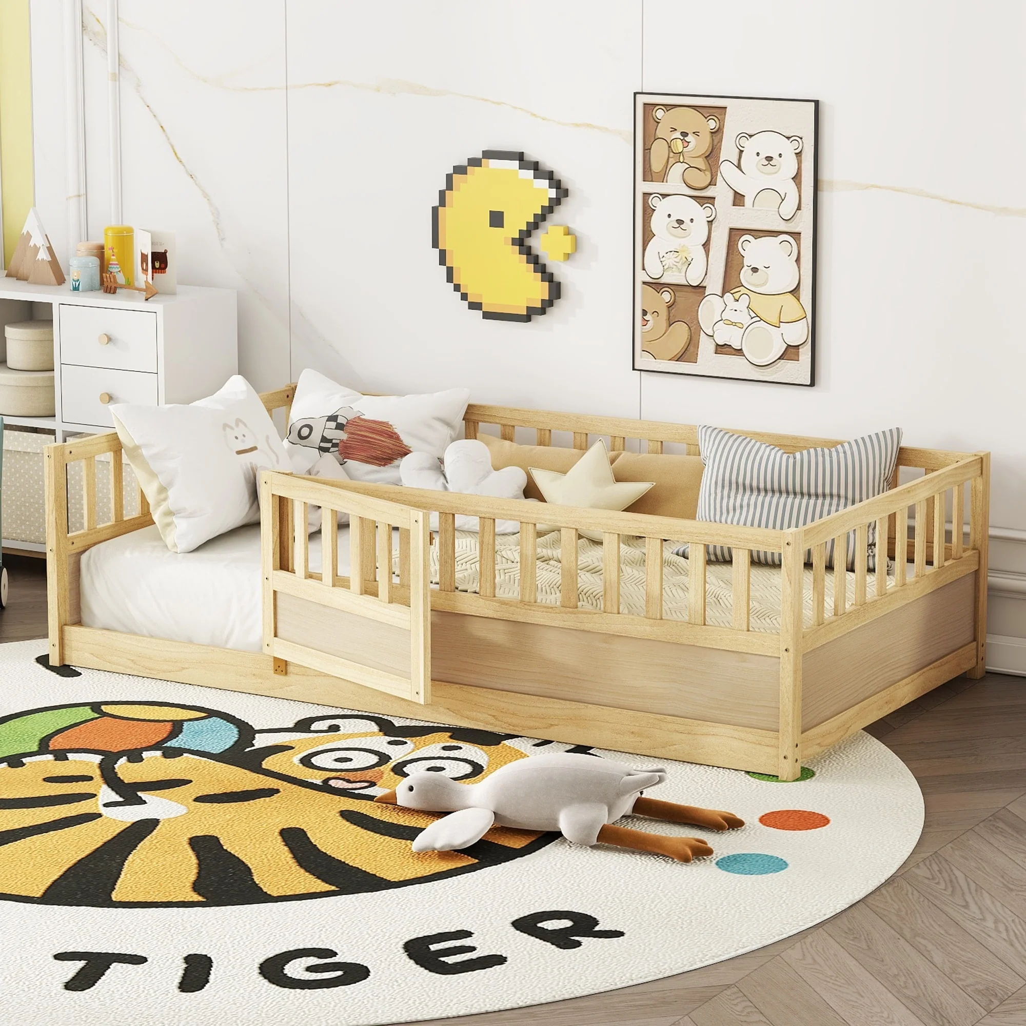 Twin Floor Bed, Children's Floor Bed Frame, Montessori Wooden Children's Floor Bed with Natural Wood Support Slats