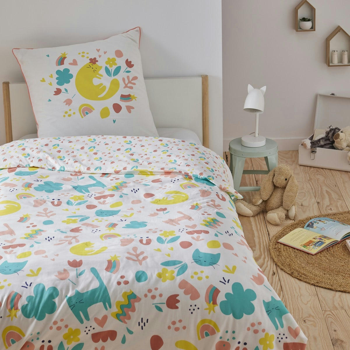 MINOU - Parure de lit enfant coton  imprimé blanc 140x200cm