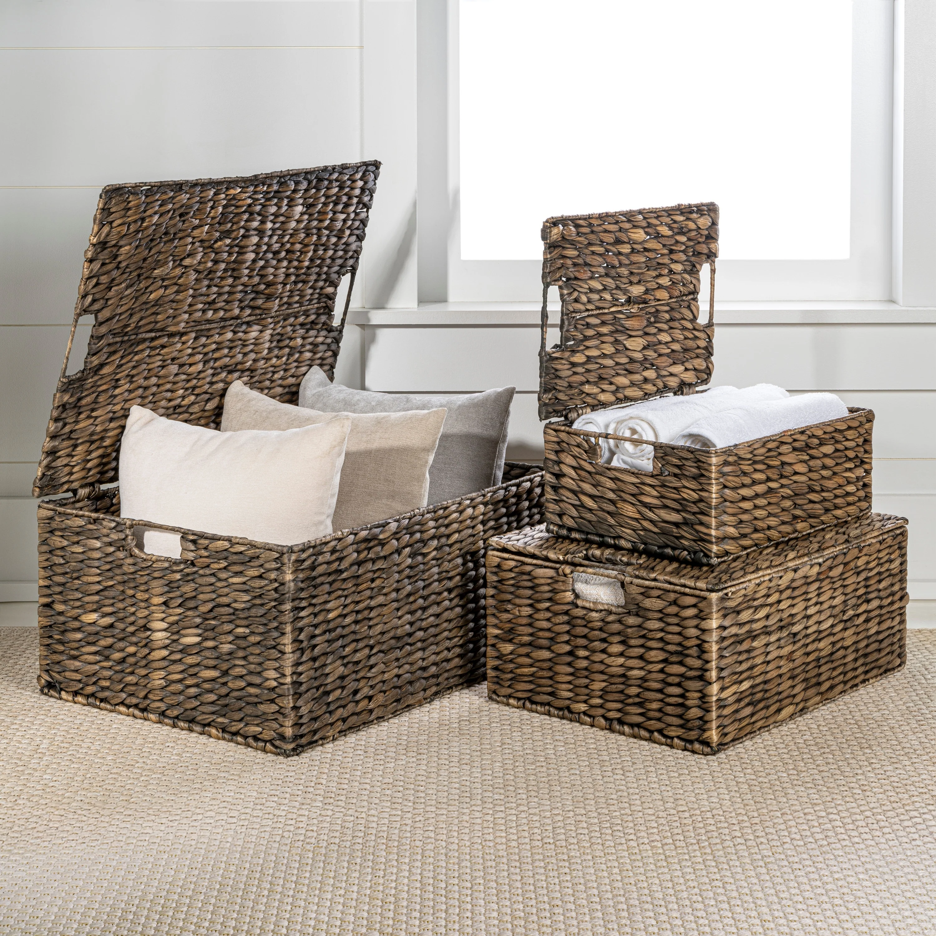 Woven Rectangular Storage Baskets with Lids & Handles (Set of 3)