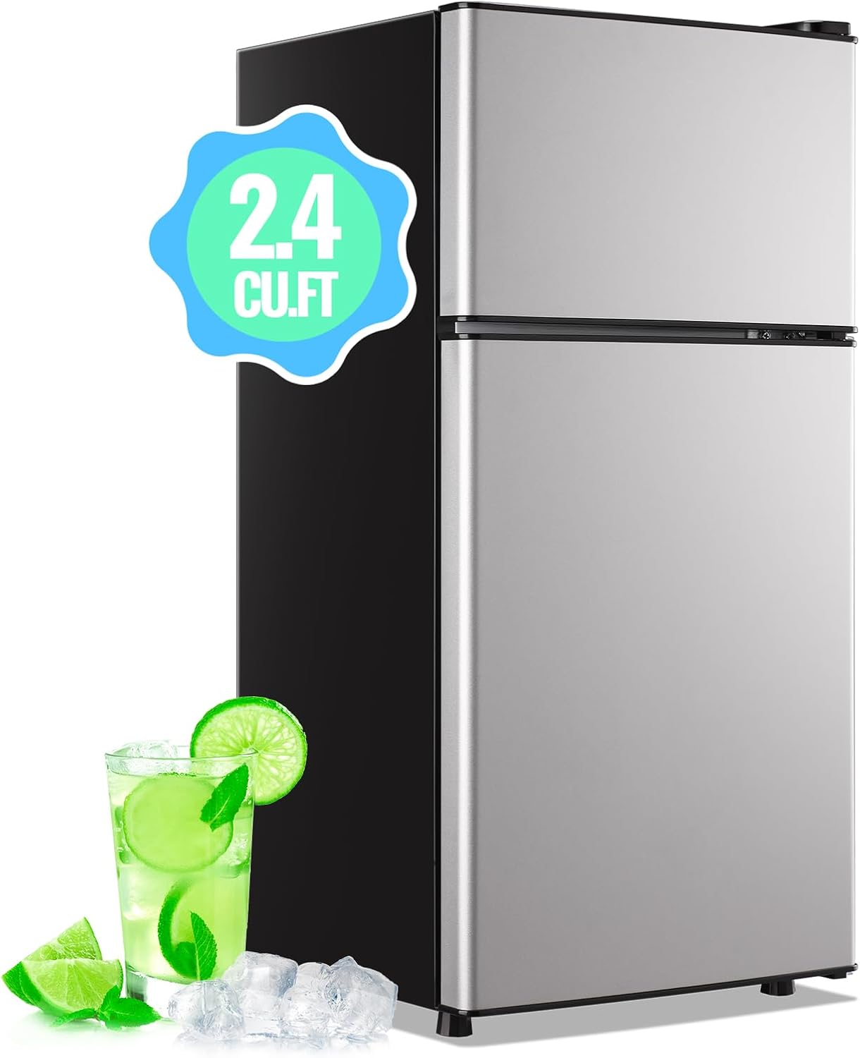 DEMULLER Mini Fridge with Freezer, 45L Personal Refrigerator Only for One Person Use, Silver Tiny Small Size Refrigerator with 7 Level Adjustable Temperature and Double Door
