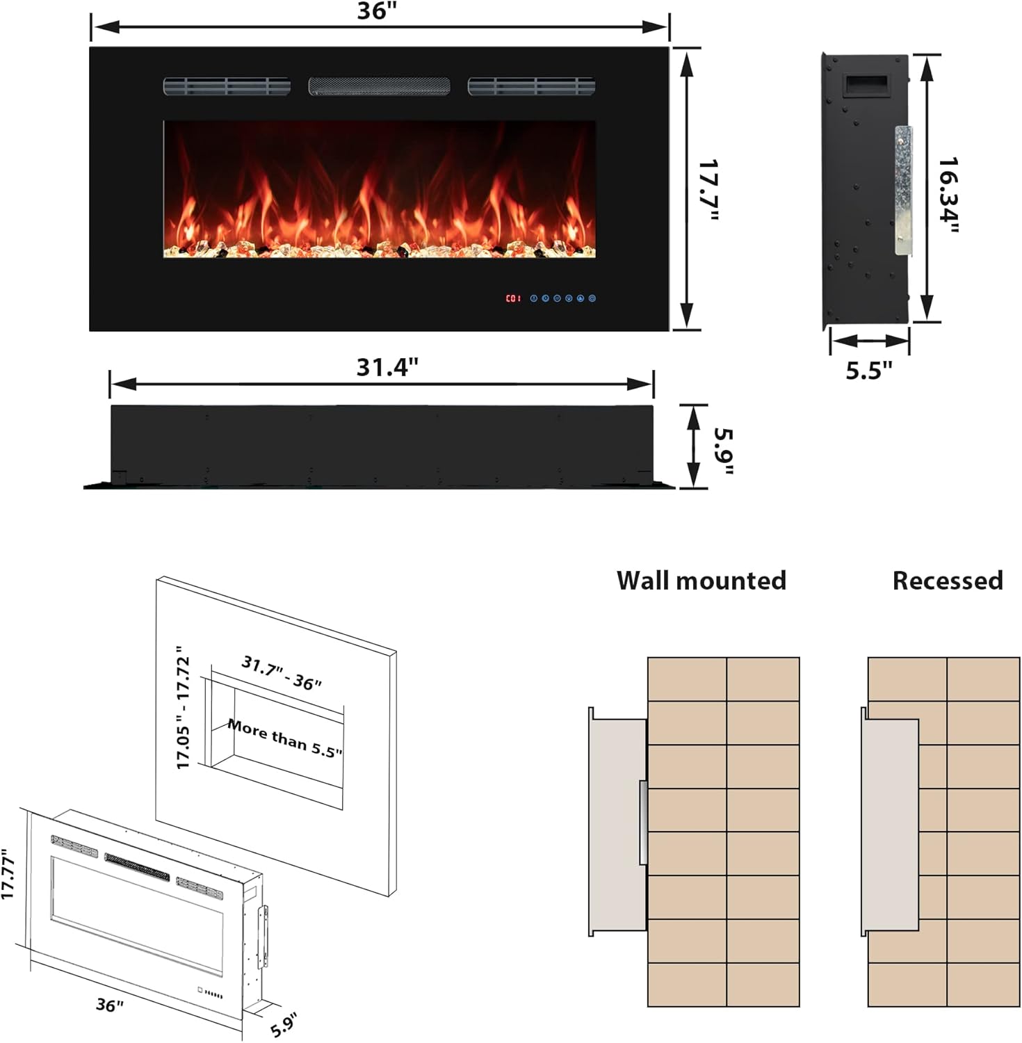 36 Electric Fireplaces Inserts, Recessed & Wall-Mounted Fireplace Heater with Thermostat, Multicolor Flames,Timer, Log & Crystal, 750/1500W