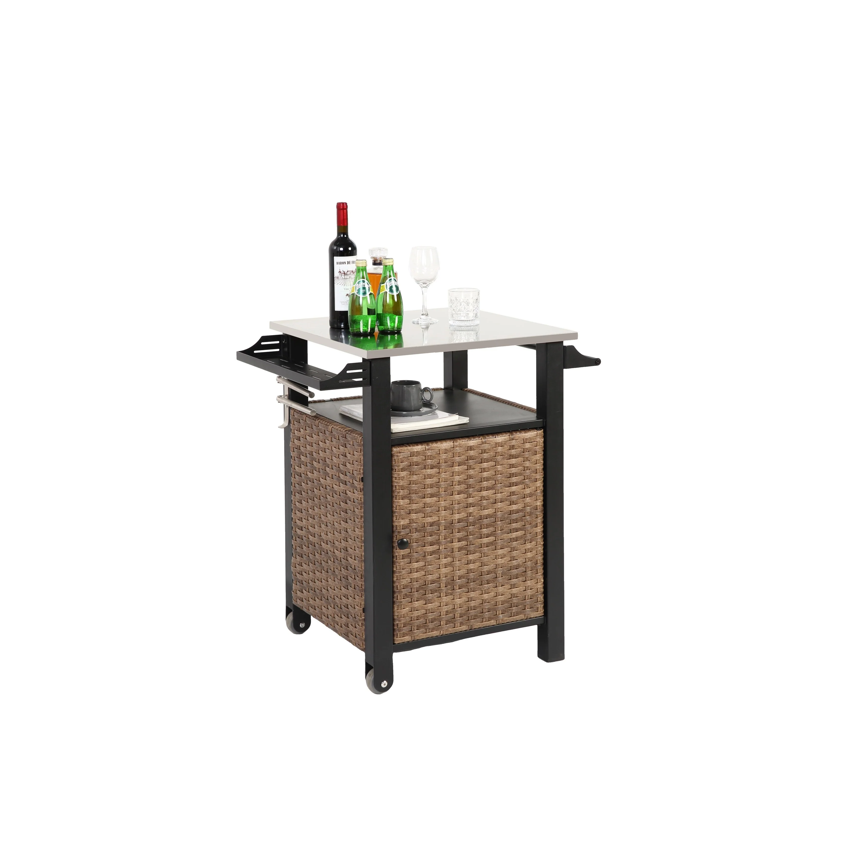 Single door bar cart, Kitchen Wicker Island Rolling Cart & Storage Cabinet, Wheels and Stainless Steel Extended Table Top