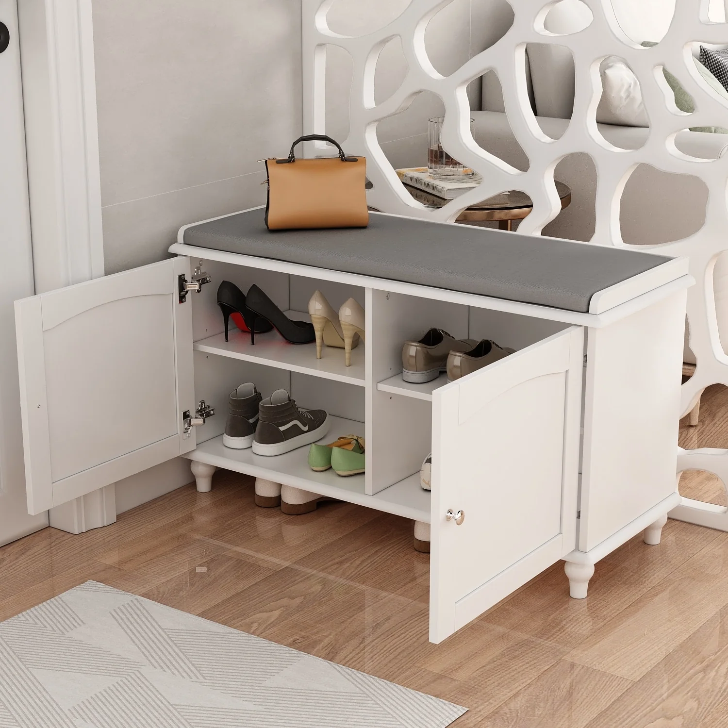 Timechee Shoe Storage Benches White Shoe Rack Bench 2 Doors Cushion - 33.5W