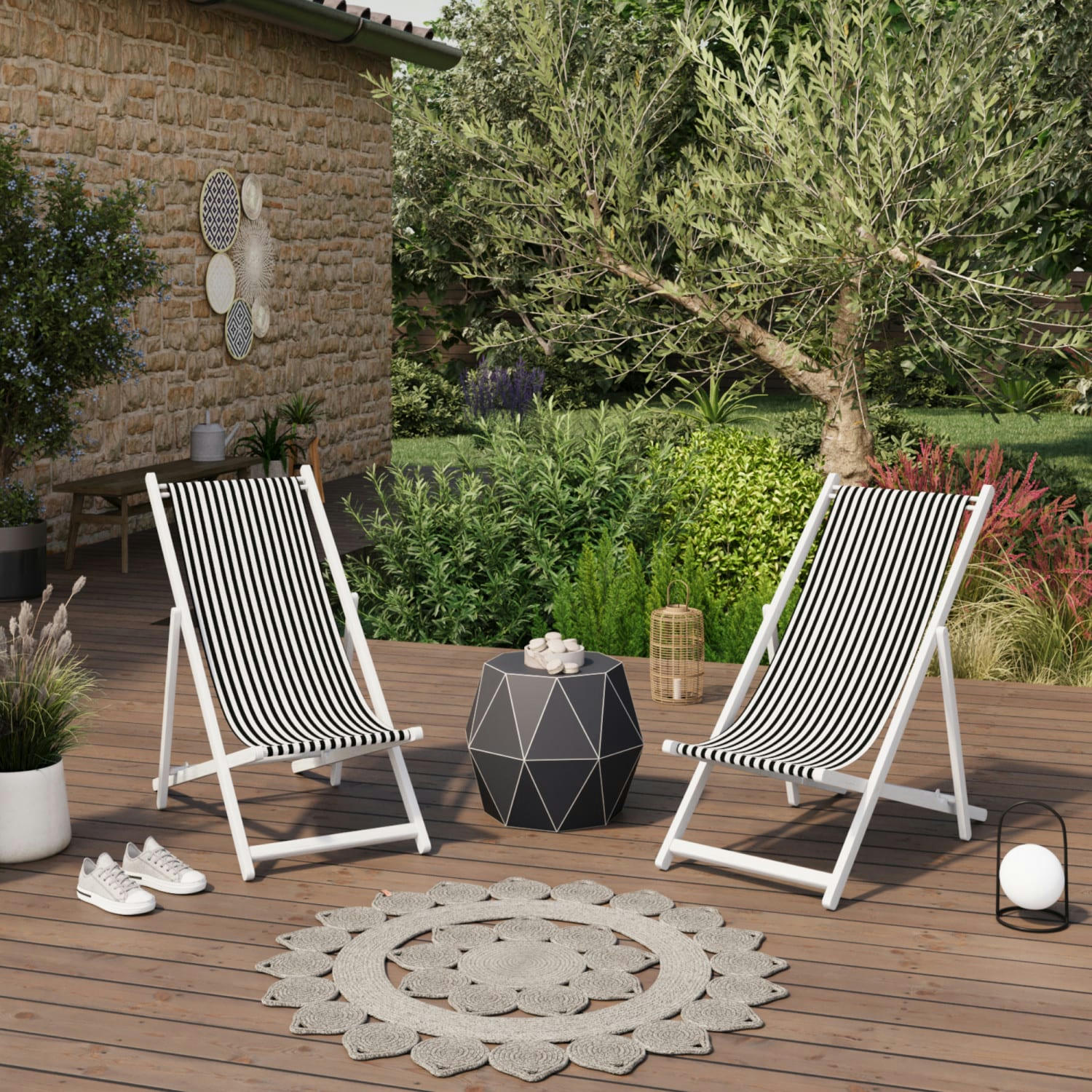 SAUVELADE ECRU - Lot de 2 chiliennes en bois noir et blanc