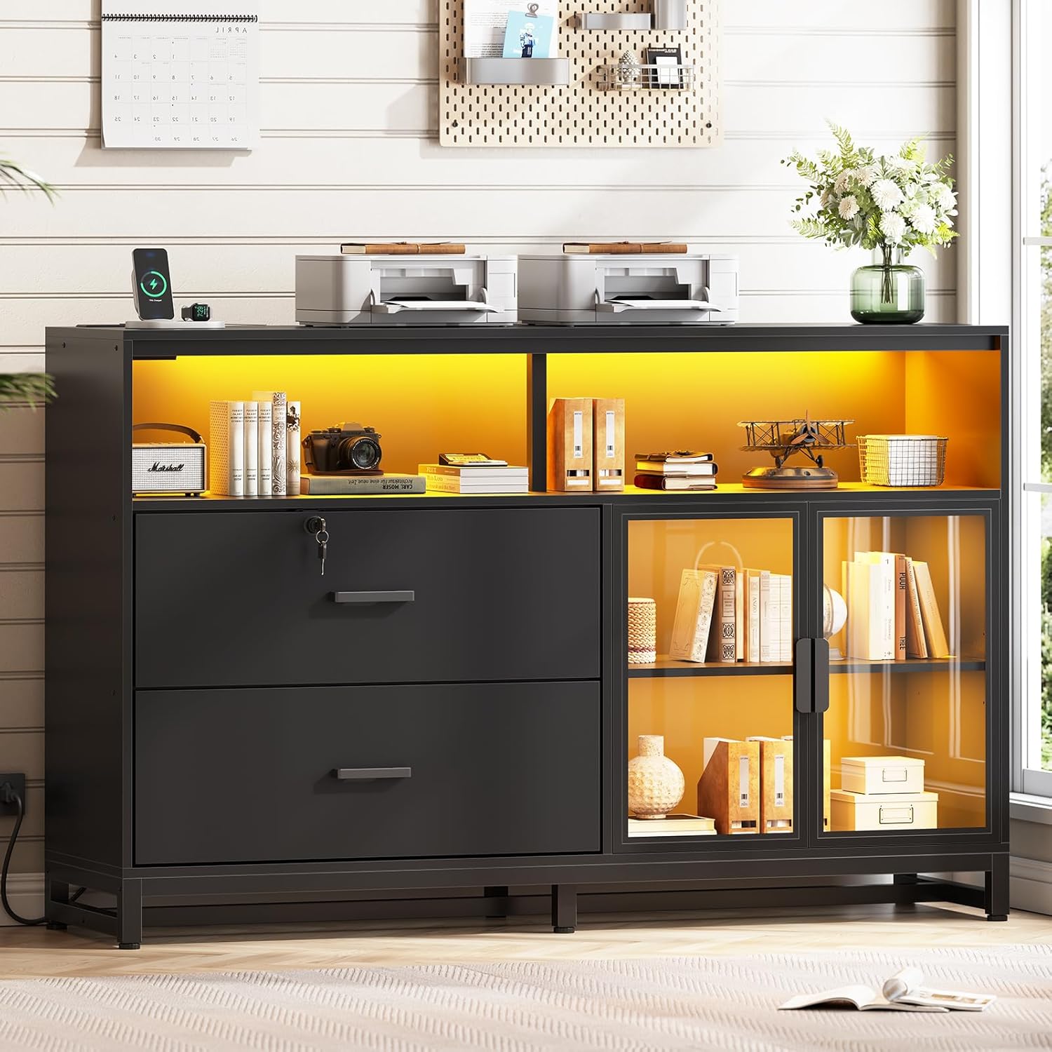 SEDETA 59 File Cabinet, 2 Drawers Filing Cabinets for Home Office fit Legal/Letter/A4 File, File Cabinet with Lock & Power Outlets, Printer Stand with Storage & LED Lights, Black