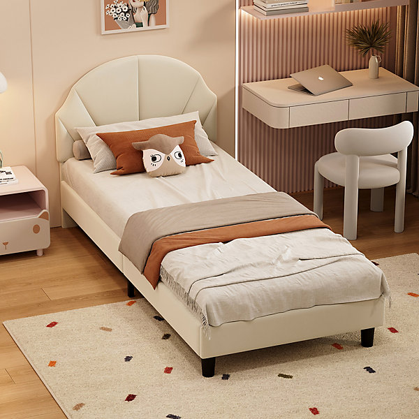 Lit Enfant 90x200 Cm Avec Tête De Lit Réglable Et Sommier à Lattes, Lit Simple Rembourré, Beige