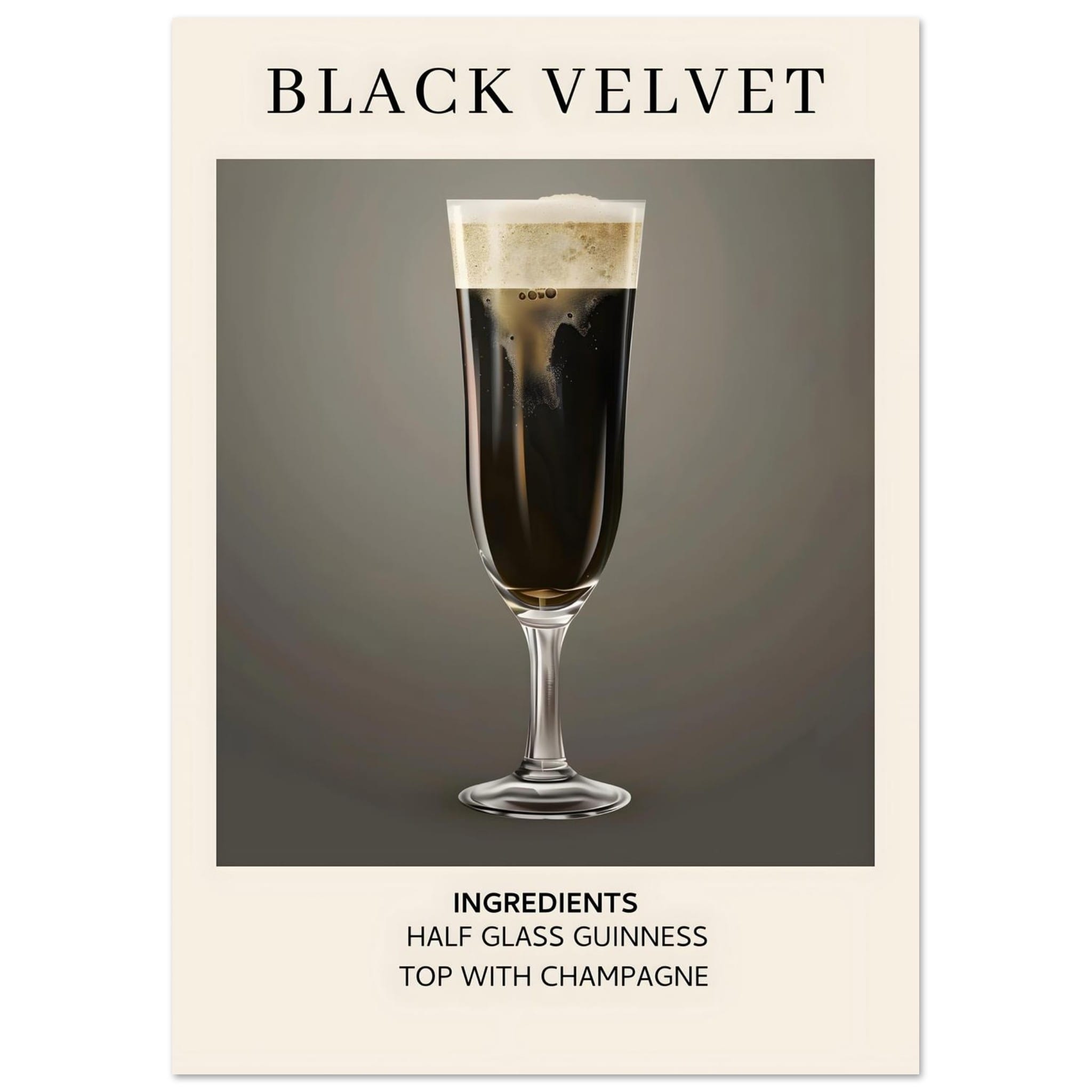 Artfulprints Poster Black Velvet cocktail - Ingrediënten  - A4 21x29.7 cm - Zwart / Wit
