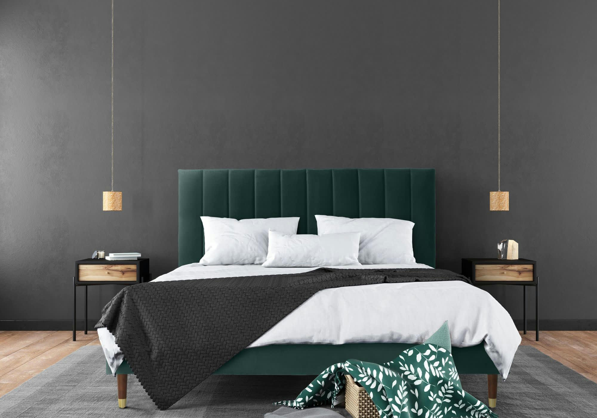 THELMA - Lit avec matelas 2 places  en velours vert foncé 160x200