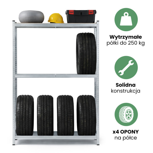 Regał na opony metalowy garażowy 120 cm 3 półki 120x40x180 Srebrny