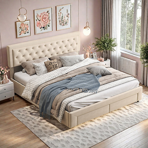 Lit coffre, Lit coffre hydraulique 160x200 cm en velours beige avec tête de lit réglable, tiroirs et sommier à lattes en bois