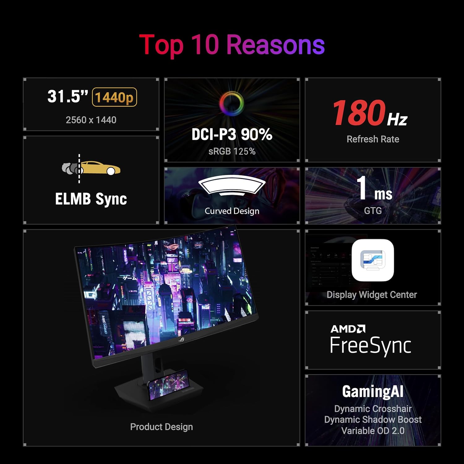 ASUS ROG Strix 32” 1440P USB-C Curved HDR Gaming Monitor (XG32WCS) - QHD  180Hz  1ms  Fast VA  Extreme Low Motion Blur Sync  FreeSync  DisplayWidget  Tripod Socket  AI Technology  3 yr Warranty