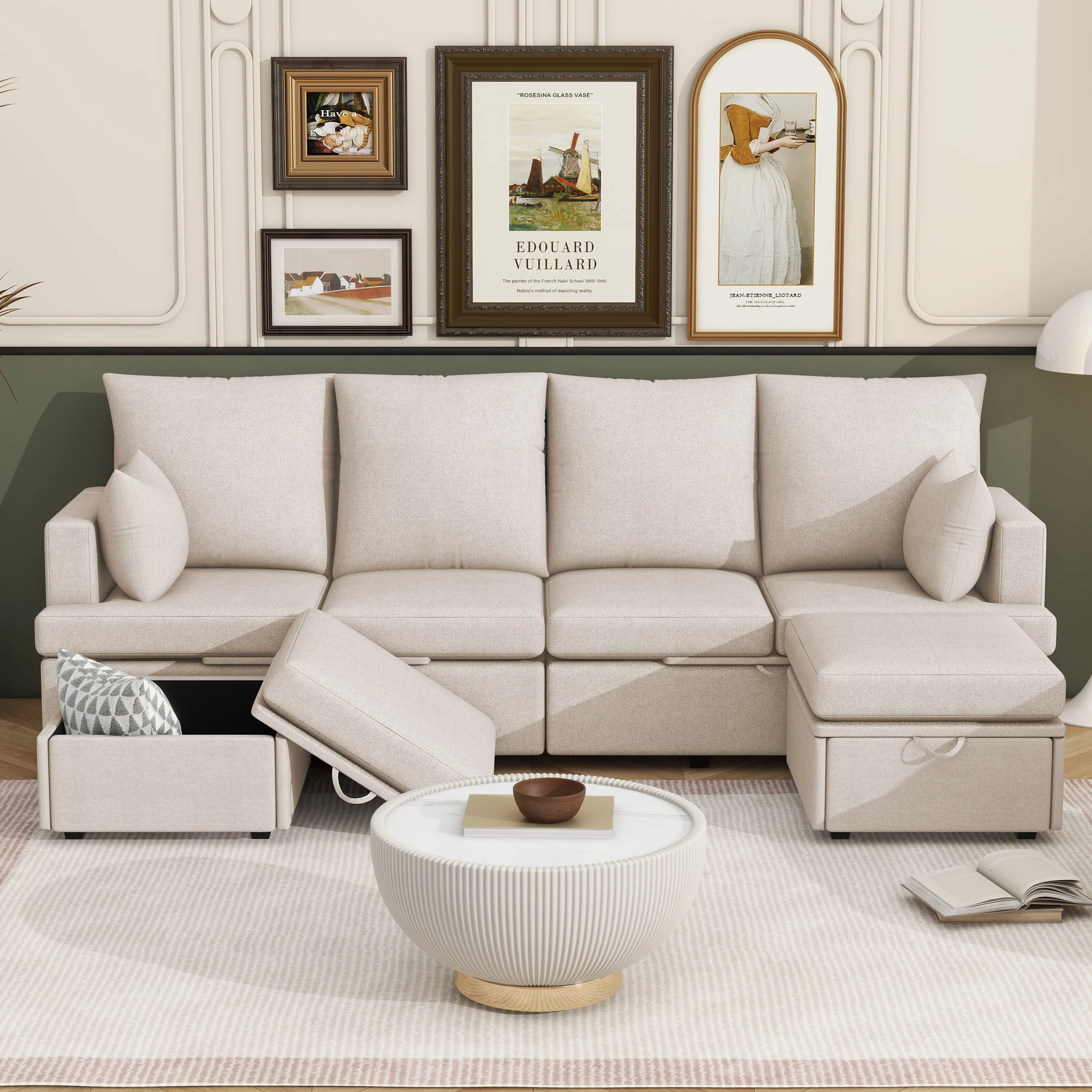 Beige 103.2'' L-Shaped 7-Seat Modular Sectional Sofa Couch with 2 Ottomans, High Backrest, Memory Foam Cushions, and 2 Pillows