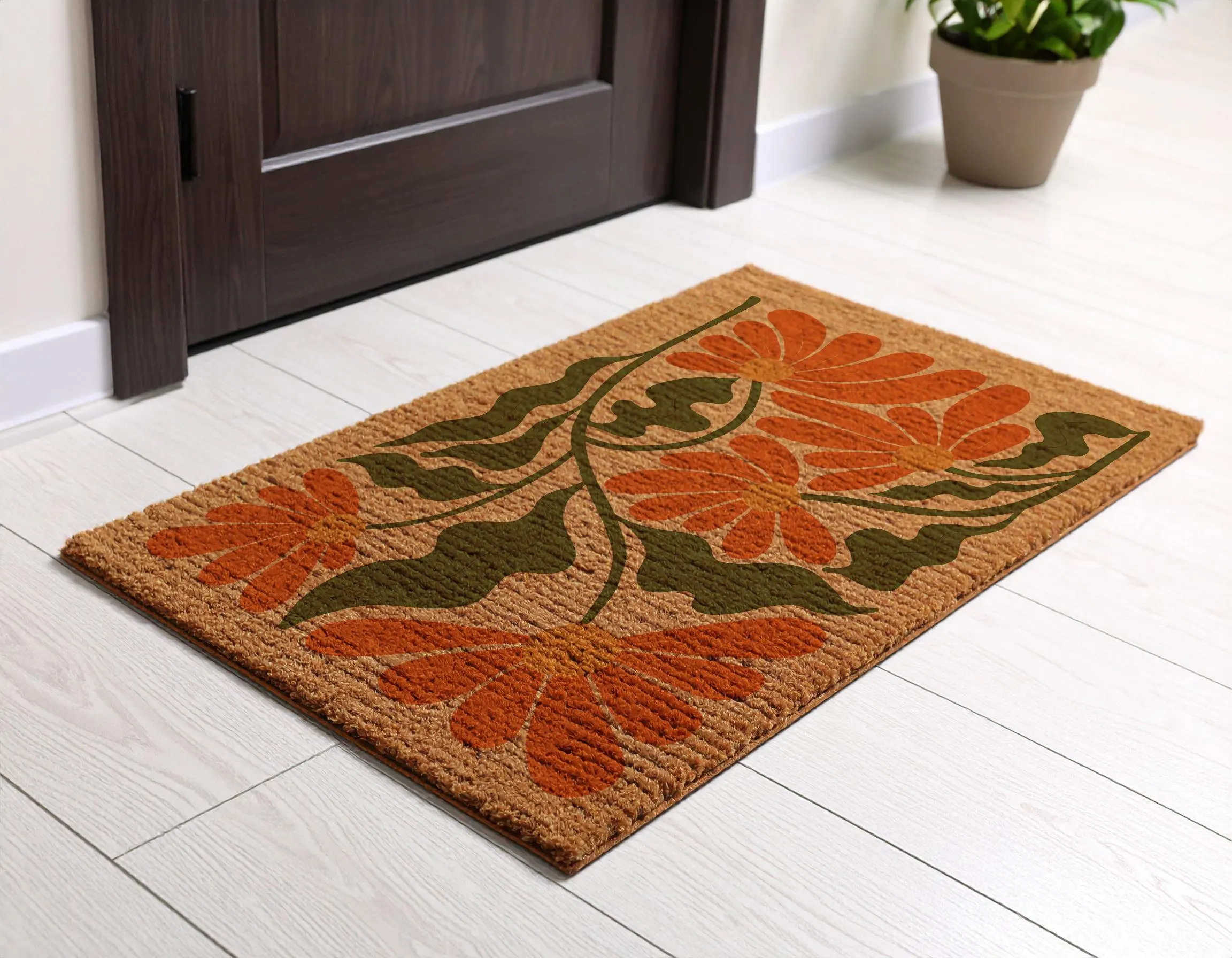 Retro Poppy Coir Doormat: Boho Floral Welcome Mat
