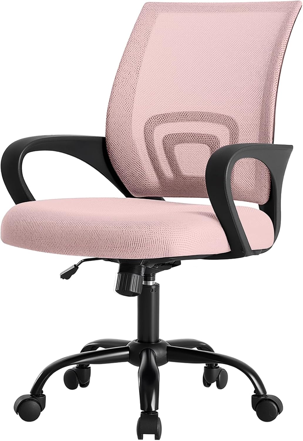 DUMOS Home Office Chair - Ergonomic Mid Back Mesh Desk Chair with Lumbar Support & Rocking Mode, Height Adjustable with Fixed Armrest, for Computer, Gaming, Meeting, 360° Swivel, Pink