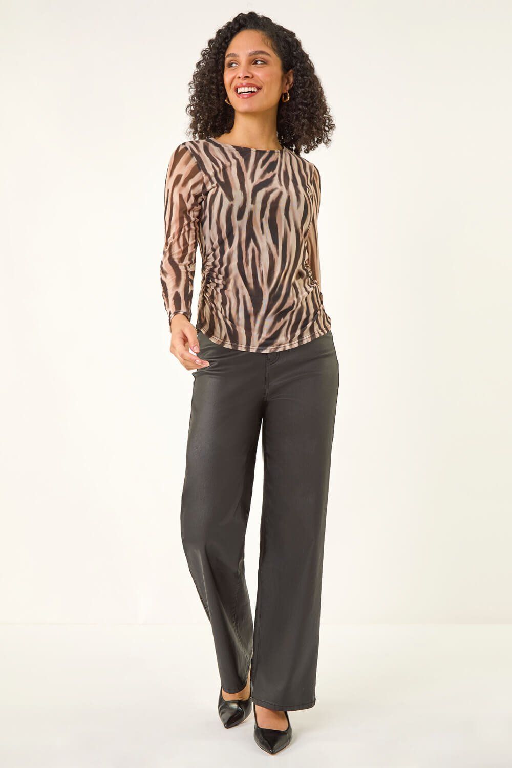 Roman Animal Print Mesh Ruched Top