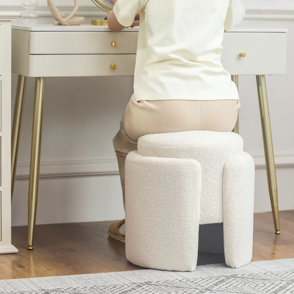 Adeco Round Ottoman Teddy Foot Stool for Living Room Bedroom