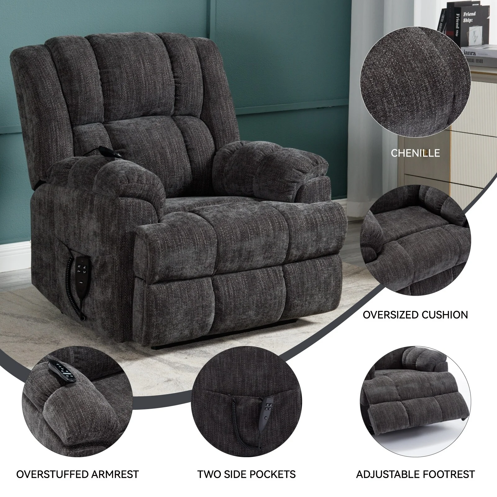 Dual Motor Power Lift Chenille Recliner with Massage and Heat, Dark gray