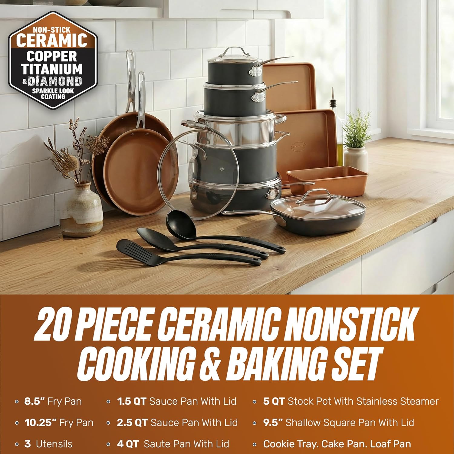 GOTHAM STEEL 20 Pc Ceramic Cookware Set, Copper Pots and Pans Set Non Stick with Bakeware, Cooking Utensils, and Steamer, Oven and Dishwasher Safe